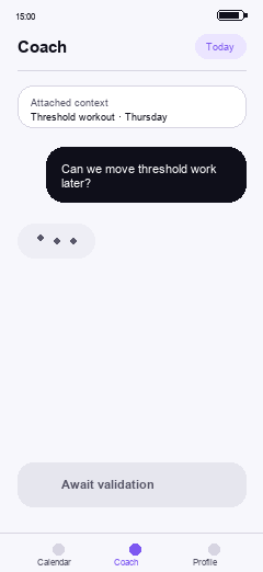 Animated coach chat showing proposal, validation, and user approval